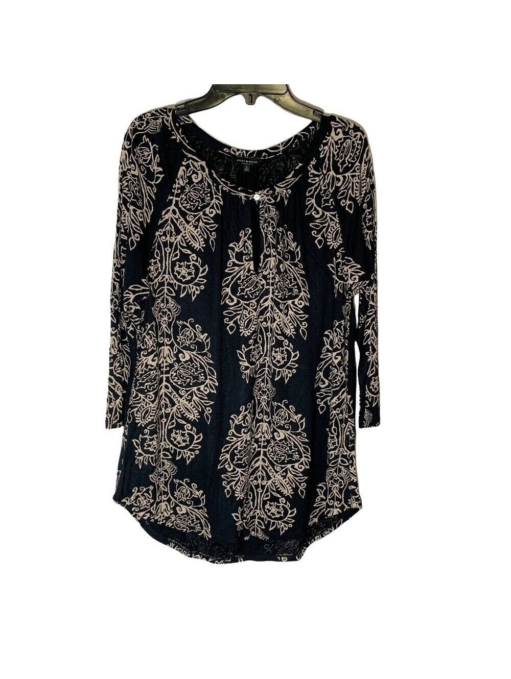 Lucky Brand Womens Navy Blue Cream Damask Floral Lace Keyhole Tunic Top Small